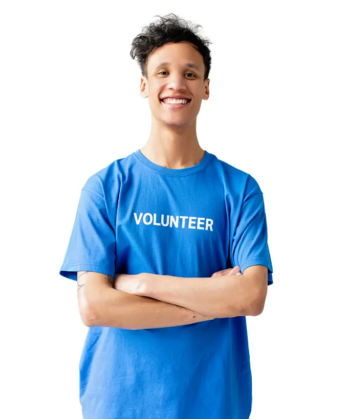 Volunteer man wearing a volunteer t-shirt representing nonprofit website design by ismart web service